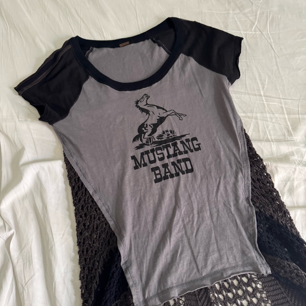 Free People Mustang Band Tee Crochet Mesh Back Top gray black Small mixed media - Picture 10 of 11